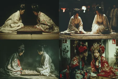 两位中国古代少女面对面跪坐在竹席上下围棋，灯下光影交错，一人执棋沉思，一人凝视棋盘，汉服飘逸，发髻精致，面容沉静，暖黄色调，柔和光影，细腻肤质，古朴木质棋盘，暗调背景，特写镜头，浅景深，高细节，写实风格，古典优雅，专注氛围。