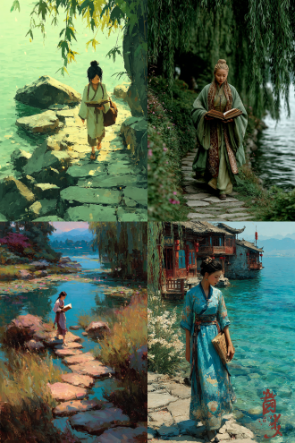 中国古代女诗人漫步花园石径，手执线装古籍，绿柳垂丝，湖畔野花点缀，蝴蝶纷飞，写实风格，典雅长裙，专注神情，柔和自然光，浅景深，远山淡影，细腻笔触，青绿色调，宁静氛围，古典美，微风吹拂，书卷气息，唯美意境，高清细节，35mm镜头，侧逆光，生动自然，诗意盎然