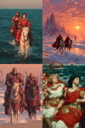 两位古代女将军身穿铠甲战袍，骑着白马和黑马，凝视远方，英姿飒爽，腰间佩剑，披风随风飘扬，远方海浪拍打船身，夕阳映照，威严而坚定。现实主义风格，全身肖像，黄金时间光线，广角镜头，高动态范围，深蓝色调与金色暖光对比，海浪飞溅，披风飘动细节，真人写实感