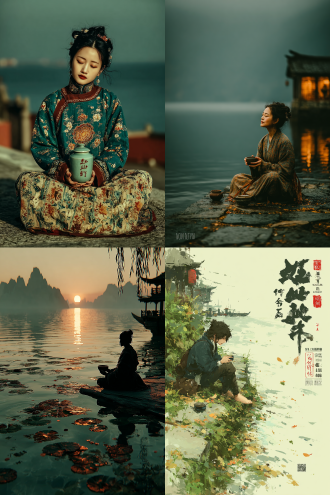 一位中国古代诗人执杯沉思江畔，滔滔江水，落叶落花随流，真人真景，古风长袍，忧郁眼神，柔光渲染，4k高清，浅景深，远山雾霭，夕阳余晖，冷暖对比，水面倒影，古琴音韵，水墨风格，细腻笔触，宁静氛围，诗意盎然