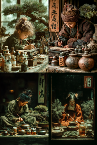 一位中国古代少女窗前挥毫，优雅从容，身着素雅汉服，发髻精致，手持毛笔专注书写，窗外透入柔和自然光，文房四宝摆放整齐，盆景松点缀其间，写实风格，高分辨率，浅景深，35mm镜头，室内暖光，宁静氛围，淡雅色调，细腻质感，立体真实感。，统一照片风格。