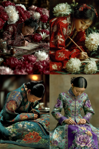 一位中国古装少女专注绣栩栩如生的牡丹花，手中丝线轻拉，身旁盛开着百合花，写实风格，刺绣衣物细节精致，立体光影，丝绸质感，柔和自然光，浅景深，85mm镜头，暖色调，静谧优雅，细腻纹理，真实皮肤质感，传统服饰，古典优雅。