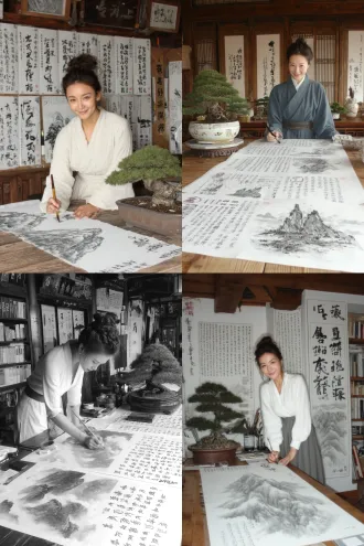 一位中国古装少女站在书桌旁画山水，画上有工笔泼墨的连绵的山峰，瀑布，云雾缭绕，少女身旁的盆景造型独特，立体真实感，写实照片，书房古色古香。