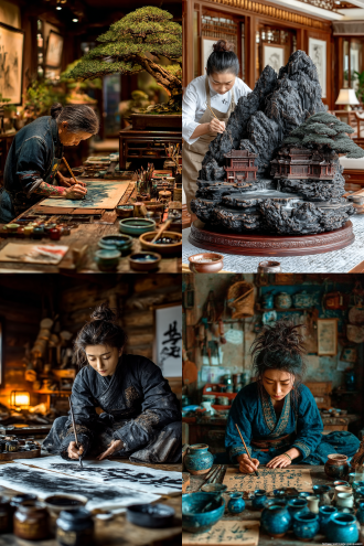 中国古装少女画山水，工笔泼墨山峰瀑布云雾，盆景独特立体，古色古香书房，写实照片，柔光，对称构图，细腻笔触，传统服饰，专注表情，自然光，暖色调，广角镜头，宁静氛围，木质家具，宣纸毛笔，淡雅色彩。