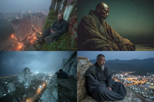 愤世之士醉卧高楼梧桐下，俯瞰城池，古风侠客风范，身着黑色长袍，面容沧桑忧郁，高楼远景，夜色深沉，漫天星辰，冷色调，广角镜头，低角度拍摄，逆光剪影，慢快门，雨丝飘落，铁马战鼓元素若隐若现，孤寂悲壮，水墨风格，高对比度，暗部细节丰富，氛围压抑。