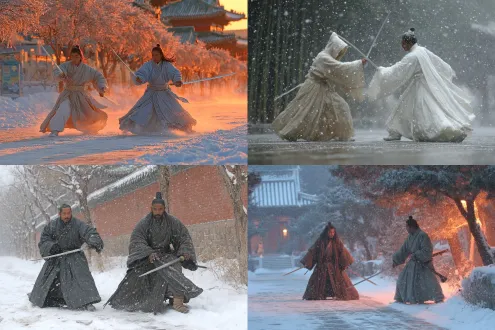 大雪纷飞，两位中国古装大侠在庭院练剑，你来我往，刀光剑影，双剑挥舞如游龙，寒光闪烁，石板倒影清晰，雨过天晴，阳光斜射，写实照片，立体真实感，动态捕捉，高对比度，冷色调，长焦镜头，侧逆光，丝绸古装，束发带，坚定眼神，飘逸动作，青瓦白墙，竹林背景，细腻纹理，高速快门，金属反光，湿润地面，雾气缭绕，