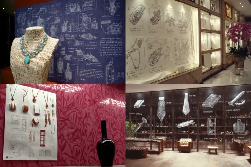 首饰设计，精美绝伦，背景是展示柜风格