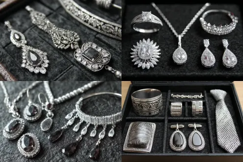 八件珠宝首饰设计，胸针、耳环、耳坠、项链、手镯、戒指，领带，头饰，精美绝伦，展示柜背景，金属光泽，璀璨宝石，对称布局，浅景深，柔和光线，黑色丝绒衬底，高光反射，微距镜头，奢华感，冷色调，精致细节，优雅氛围