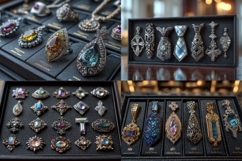 八件珠宝首饰设计，胸针、耳环、耳坠、项链、手镯、戒指，领带，头饰，精美绝伦，展示柜背景，金属光泽，璀璨宝石，对称布局，浅景深，柔和光线，黑色丝绒衬底，高光反射，微距镜头，奢华感，冷色调，精致细节，优雅氛围
