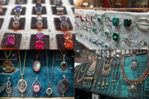 八件珠宝首饰设计，胸针、耳环、耳坠、项链、手镯、戒指，领带，头饰，精美绝伦，展示柜背景，金属光泽，璀璨宝石，对称布局，浅景深，柔和光线，黑色丝绒衬底，高光反射，微距镜头，奢华感，冷色调，精致细节，优雅氛围