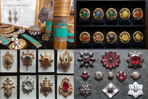 八件珠宝首饰设计，胸针、耳环、耳坠、项链、手镯、戒指，领带，头饰，精美绝伦，展示柜背景，金属光泽，璀璨宝石，对称布局，浅景深，柔和光线，黑色丝绒衬底，高光反射，微距镜头，奢华感，冷色调，精致细节，优雅氛围