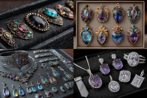 八件珠宝首饰设计，胸针、耳环、耳坠、项链、手镯、戒指，领带，头饰，精美绝伦，展示柜背景，金属光泽，璀璨宝石，对称布局，浅景深，柔和光线，黑色丝绒衬底，高光反射，微距镜头，奢华感，冷色调，精致细节，优雅氛围