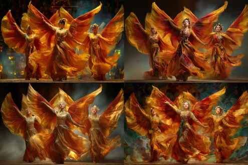 中国古代宴会场面，中间的舞台有古装舞女表演敦煌飞天舞，华丽服饰，丝绸彩带飘逸，动态优美，金色殿堂背景，写实风格，高饱和度色彩，柔光照射，广角镜头，慢速快门捕捉动态，飘逸感，立体真实，细节丰富，面部表情专注优雅，传统纹饰，暖色调，神圣庄严氛围。