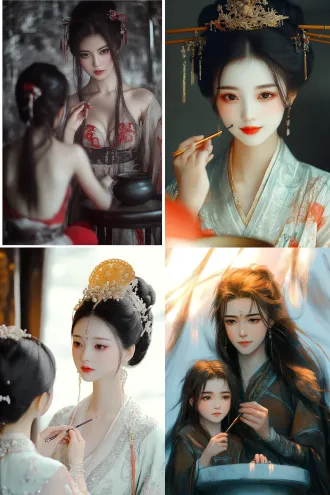 一个中国古装唐朝美人手里拿着眉笔，面对镜头站在女儿前面，女儿坐在陶瓷镂空雕花的圆凳上背对镜头，拉着母亲的手让她帮自己画眉，母女二人服饰华丽，雍容华贵，透明的轻纱披肩，立体真实感，写实照片，温馨，服饰图案和色彩丰富饱满，符合唐朝的审美。