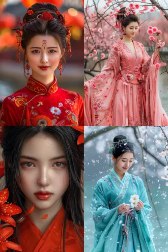 美丽中国古装女子河边柳树下赏花，手摘大丽菊花，立体真实感，写实照片，古风服饰飘逸长裙，精致发饰，温柔微笑，自然光线，柳枝轻拂，花瓣飘落，浅景深，50mm定焦镜头，柔和暖色调，细腻肤质，古典优雅，宁静氛围，花朵特写，流水背景，微风吹动发丝