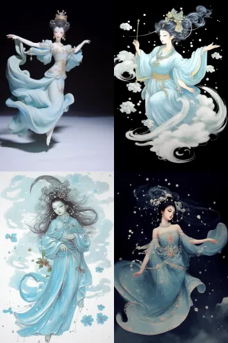 星月光，一个美丽清秀的中国古装仙子腾云驾雾，长袖随风扬起，凌空飞舞，散花，服饰素雅，淡淡的冷色调，白色与湖蓝色为主色，朦胧，散发珍珠的光芒，衣袂飘飘，轻盈优雅，神秘梦幻，突出仙气，不食人间烟火的冰冷感，立体真实感，写实照片