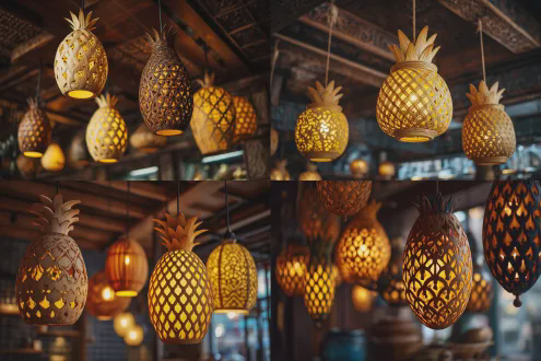 掏空内芯的玉米灯、凤梨灯、榴莲灯悬挂在复古木质天花板上，暖黄色光线透过雕刻纹理投射出斑驳光影，背景是柔和暗调的厨房，微距镜头，浅景深，高质感细节，柔和漫射光，静物摄影，温馨氛围，自然色调，木质与金属材质对比，艺术装置感。