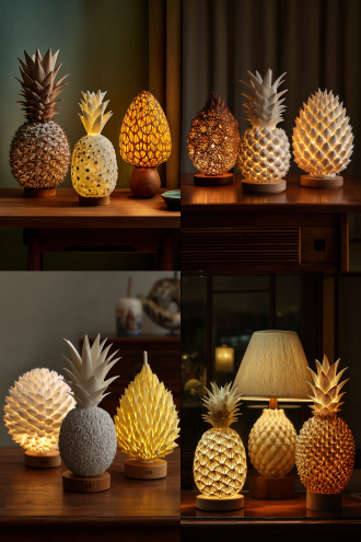 一盏掏空内芯的玉米灯和一盏凤梨灯，还有一盏榴莲灯。