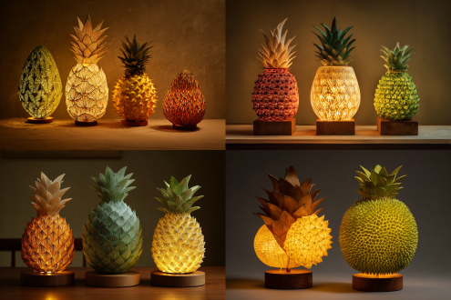 水果灯设计，一盏掏空内芯的玉米灯和一盏凤梨灯，还有一盏榴莲灯。使用真实的水果制作，保留果皮的真实纹理和颜色