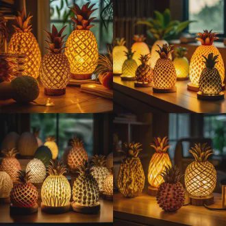 水果灯设计，掏空内芯的玉米灯、凤梨灯、榴莲灯摆在木质桌面，自然光透过果皮纹理，柔和暖色调，近距离特写，微距镜头，高细节质感，背景虚化，手工制作感，真实水果纹理保留，创意照明，温馨氛围，静物摄影，柔光箱照明，色彩鲜艳，自然阴影，家居装饰风格。