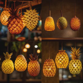 水果灯设计，三盏真实水果制成的灯，玉米灯掏空内芯，凤梨灯保留果皮纹理，榴莲灯带刺外壳，悬挂空中，柔和的烛光，夜景背景，温暖色调，微距镜头，浅景深，细节特写，低角度拍摄，暗调氛围，自然光影，静物构图，真实材质感，温馨宁静