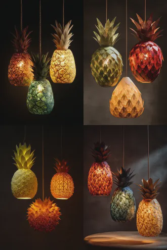 水果灯设计，一盏掏空内芯的玉米灯和一盏凤梨灯，还有一盏榴莲灯。使用真实的水果制作，保留果皮的真实纹理和颜色，三盏烛光吊在空中，透光，光影，夜景