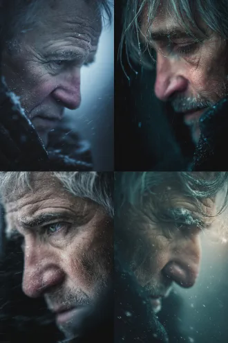 寒流袭泪眼，声哑音浓，忧郁氛围，人物特写，中年男子，憔悴面容，银丝鬓发，深邃眼神，风雪背景，新月朦胧，暗色调，冷光，长焦镜头，浅景深，侧逆光，孤独身影，高对比度，深沉情感，微表情捕捉，风雪飞扬，低饱和度，忧郁诗意，微光环境。