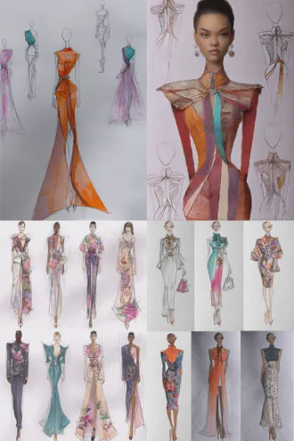 把八件时装草图变成真实照片，真人模特试穿效果图，采用真实的各种布料，裁剪精准，发型服装以及饰物款式颜色搭配在原图上进行优化，有民族特色又适合现代审美潮流，根据时装风格挑选不同肤色的模特