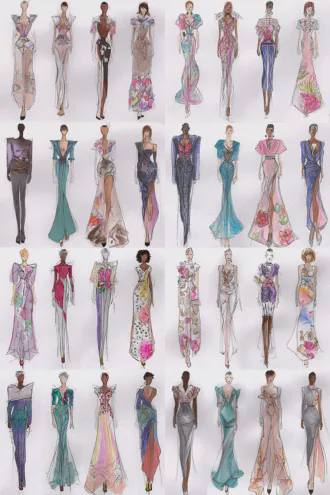 把八件时装草图变成真实照片，真人模特试穿效果图，采用真实的各种布料，裁剪精准，发型服装以及饰物款式颜色搭配在原图上进行优化，有民族特色又适合现代审美潮流，根据时装风格挑选不同肤色的模特