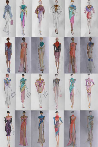 把八件时装草图变成真实照片，真人模特试穿效果图，采用真实的各种布料，裁剪精准，发型服装以及饰物款式颜色搭配在原图上进行优化，有民族特色又适合现代审美潮流，根据时装风格挑选不同肤色的模特