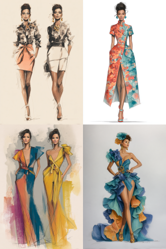 八件时装草图变真人试穿效果，真实布料精准裁剪，发型配饰优化，民族特色融合现代审美，模特肤色多样，高清摄影，柔光棚拍，中长焦镜头，细节特写，色彩鲜明，模特动态展示，自信表情，立体剪裁，高级质感