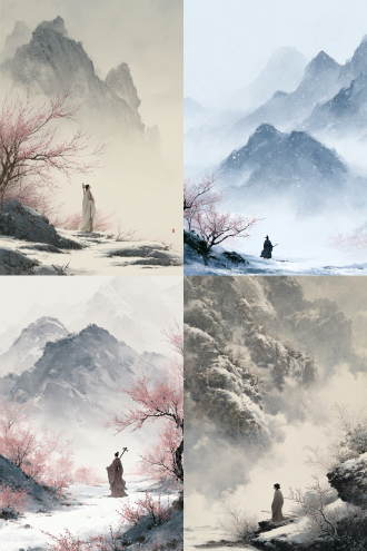 气流凝霜忽屏息，春山重叠无痕，水墨丹青风格，远山云雾缭绕，梅花点缀雪景，素雅长袍人物静立，微闭双眼，手持焦桐古琴，浅淡微笑，柔光散射，冷色调，静谧氛围，细腻笔触，留白构图，古典意境，琴弦微颤，雪落无声，永恒瞬间。