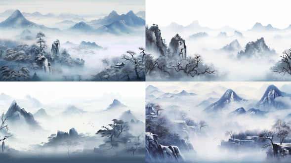 "雪山雾凇，极简构图，冷色调，水墨风格，远景，长焦镜头，柔和散射光，静态，冰雪覆盖山峰，薄雾缭绕，古琴置于雪地，梅花点缀，宁静致远，空灵意境，淡雅色彩，禅意氛围，永恒瞬间。"