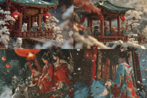 "年关岁末神仙相聚，万圣下元古风场景，残破庙宇锈红铜绿，群狼嚎叫烽火连天，冰挂霜花斑驳岁月，玉带金钩银河古道，长亭残照凭栏远眺，流沙随风浪淘逍遥，高动态范围，暗色调，35mm胶片质感，广角镜头，侧逆光，慢快门动态模糊，雾霭弥漫，沧桑感，怀旧情绪，中国风水墨意境，人物古装飘逸，神情超然。"