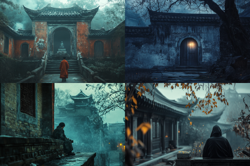 "万圣下元夜，神仙赴约，孤魂野魄游荡，烽火映天，群狼长嚎，废墟残垣，锈迹斑驳，铜绿斑驳，漏雨门窗，冰挂晶莹，霜花点缀，琥珀色尘埃，岁月沧桑，少年重游故地，玉带银河，古道残阳，凭栏远望，三生石铭记，梦境逍遥，流沙随风，终遇不悔，暗色调，低角度，广角镜头，动态模糊，冷光幽暗，神秘氛围，古风奇幻，深沉情感。"