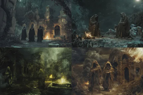 万圣节神仙赴约，古旧废墟场景，残破建筑锈迹斑驳，冰霜覆盖，狼群嚎叫，孤魂野魄游荡，烽火映照，神仙身着飘逸长袍金饰闪耀，冷峻表情，手持法器，月光斜照，青铜色调，暗影交错，广角镜头，长曝光，动态模糊，凄凉氛围，神秘感，超现实风格，细节丰富，低饱和度，古铜绿锈色，寒夜冷光，风雪飞扬。