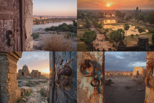远景夕阳晚照与月色同一片天空，长长的河流两端分别泛着金银光芒，新建的汉白玉石拱桥从中截断。中景，荒漠里矗立着风格各异的教堂和庙宇，一些游客还在残败的楼台上远眺野草丛生的古道长亭，背光效果下的剪影有些恐怖片的效果。近景镜头局部特写，废墟里清晰可见锈迹斑斑的铁门，铜锁上残留的冰挂，像琥珀一样包裹着一只蜘蛛，门上的铜环已经氧化铜绿，窗户结着霜花，石雕上有世界各地留下的神仙妖怪形象，历史沧桑留下岁月的痕迹。