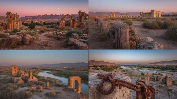 远景夕阳晚照与月色同一片天空，长长的河流两端分别泛着金银光芒形成冷暖渐变奇观，新建的汉白玉石拱桥从中截断。中景，荒漠里矗立着风格各异的教堂和庙宇，狼群在附近游荡，一些游客还在残败的楼台上远眺野草丛生的古道长亭，背光效果下的剪影有些恐怖片的效果。近景镜头局部特写，废墟里清晰可见锈迹斑斑的铁门，铜锁上残留的冰挂，像琥珀一样包裹着一只蜘蛛，门上的铜环已经氧化铜绿，窗户结着霜花，壁画和石雕上有世界各地留下的神仙妖怪形象，历史沧桑留下岁月的痕迹。