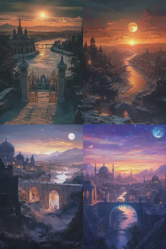 远景夕阳晚照与月色同一片天空，长长的河流两端分别泛着金银光芒形成冷暖渐变奇观，新建的汉白玉石拱桥从中截断。中景，荒漠里矗立着风格各异的教堂和庙宇，周围零星隐约有些微弱的灯光，狼群在附近游荡，一些游客还在残败的楼台上远眺野草丛生的古道长亭，造型奇特的树木在背光效果下的剪影有些恐怖片的效果。近景镜头局部特写，残墙碎瓦，废墟里清晰可见锈迹斑斑的铁门，铜锁上残留的冰挂，像琥珀一样包裹着一只蜘蛛，门上的铜环已经氧化铜绿，窗户结着霜花，壁画和石雕上有世界各地留下的神仙妖怪形象，历史沧桑留下岁月的痕迹