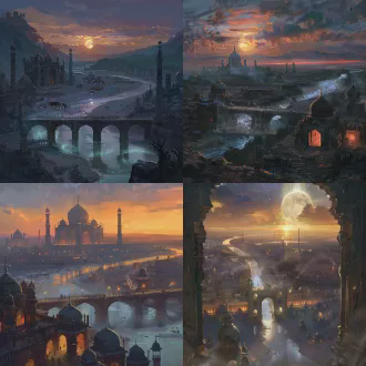 远景夕阳晚照与月色同一片天空，长长的河流两端分别泛着金银光芒形成冷暖渐变奇观，新建的汉白玉石拱桥从中截断。中景，荒漠里矗立着风格各异的教堂和庙宇，周围零星隐约有些微弱的灯光，狼群在附近游荡，一些游客还在残败的楼台上远眺野草丛生的古道长亭，造型奇特的树木在背光效果下的剪影有些恐怖片的效果。近景镜头局部特写，残墙碎瓦，废墟里清晰可见锈迹斑斑的铁门，铜锁上残留的冰挂，像琥珀一样包裹着一只蜘蛛，门上的铜环已经氧化铜绿，窗户结着霜花，壁画和石雕上有世界各地留下的神仙妖怪形象，历史沧桑留下岁月的痕迹