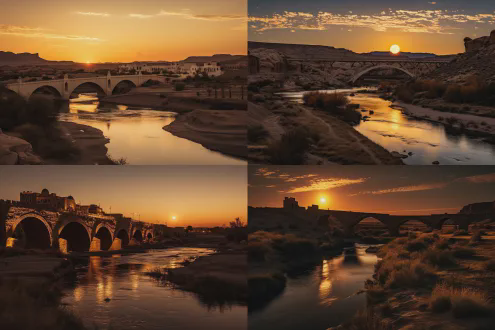 远景夕阳晚照与月色同一片天空，长长的河流两端分别泛着金银光芒形成冷暖渐变奇观，新建的汉白玉石拱桥从中截断。中景，荒漠里矗立着风格各异的教堂和庙宇，周围零星隐约有些微弱的灯光，狼群在附近游荡，一些游客还在残败的楼台上远眺野草丛生的古道长亭，造型奇特的树木在背光效果下的剪影有些恐怖片的效果。近景镜头局部特写，残墙碎瓦，废墟里清晰可见锈迹斑斑的铁门，铜锁上残留的冰挂，像琥珀一样包裹着一只蜘蛛，门上的铜环已经氧化铜绿，窗户结着霜花，壁画和石雕上有世界各地留下的神仙妖怪形象，历史沧桑留下岁月的痕迹