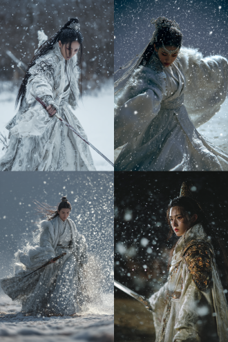 沙场与天宫叠化转场，一位中国古装仙女将毛笔抛脚底下的云海，笔端的白色狼毛碎成雪纷纷落入凡间。（摄影机镜头跟随毛笔坠落的方向穿过云层，捕捉到云层纷纷洒下雪花的瞬间）镜头下降到地面战场的点兵台，仙女身上的羽衣化为战袍（全身中景），云层闪电照亮金属配饰，慢动作披风飘落，天空一道闪电将雪花凝聚成寒气逼人的冰剑，重新落入沙场上的中国女将手中。