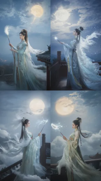 沙场与天宫叠化转场，一位中国古装仙女将毛笔抛脚底下的云海，笔端的白色狼毛碎成雪纷纷落入凡间。（摄影机镜头跟随毛笔坠落的方向穿过云层，捕捉到云层纷纷洒下雪花的瞬间）镜头下降到地面战场的点兵台，仙女身上的羽衣化为战袍（全身中景），云层闪电照亮金属配饰，慢动作披风飘落，天空一道闪电将雪花凝聚成寒气逼人的冰剑，重新落入沙场上的中国女将手中。