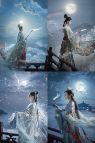 沙场与天宫叠化转场，一位中国古装仙女将毛笔抛脚底下的云海，笔端的白色狼毛碎成雪纷纷落入凡间。（摄影机镜头跟随毛笔坠落的方向穿过云层，捕捉到云层纷纷洒下雪花的瞬间）镜头下降到地面战场的点兵台，仙女身上的羽衣化为战袍（全身中景），云层闪电照亮金属配饰，慢动作披风飘落，天空一道闪电将雪花凝聚成寒气逼人的冰剑，重新落入沙场上的中国女将手中。