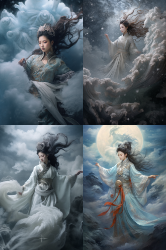 沙场与天宫叠化转场，中国古装仙女抛毛笔入云海，狼毫碎雪飘落凡间，镜头跟随毛笔穿越云层捕捉雪花纷飞，地面点兵台仙女羽衣化战袍，全身中景，闪电照亮金属配饰，慢动作披风飘落，雪花凝成冰剑落入女将手中，动态构图，史诗感，电影级光影，冷色调，广角镜头，逆光，慢快门，飘雪特效，金属反光，战袍细节，威严表情，震撼场景。