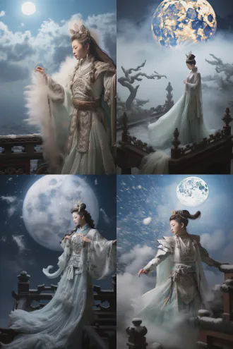 沙场与天宫叠化转场，中国古装仙女抛毛笔入云海，狼毛笔碎成雪花，摄影机跟随毛笔穿过云层捕捉落雪，下降至战场点兵台，仙女羽衣变战袍，闪电照亮金属配饰，慢动作披风飘落，雪花凝成冰剑落入女将手中，电影感构图，冷暖色调对比，长焦镜头，动态模糊，高光细节，金属反光，慢动作特效，史诗氛围，战袍纹理精致，面部坚毅表情，风雪粒子特效，闪电刺眼强光，披风动态飘逸，冰剑寒气逼人，战场硝烟弥漫。