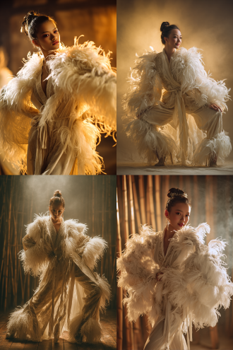 "霓裳羽衣，白色绒毛装饰，宽松裙裤，彩带飘逸，仙鹤舞姿灵感，华丽高贵，真人模特，优雅舞蹈动作，柔美微笑，古典妆容，长发盘起，舞台灯光，暖色调，丝绸质感，飘逸动态，广角镜头，浅景深，侧逆光，金色点缀，仙气缭绕，中国风背景，竹林意境，慢快门，流动感，唯美氛围。"