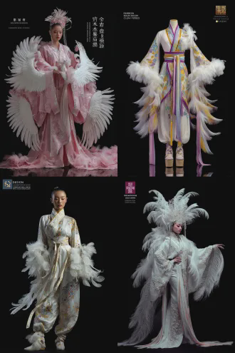 设计一套中国古代传说中的霓裳羽衣，衣服有白色绒毛装饰，裙子为宽松裙裤，舞蹈表演服饰，华丽高贵，搭配彩带，灵感来自仙鹤的舞蹈，真人试穿效果。