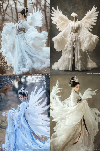 设计一套中国古代传说中的霓裳羽衣，衣服有细小白色绒毛装饰，裙子云霞霓虹的风格，舞蹈表演服饰，华丽高贵，仙气优雅，搭配轻纱绸带，灵感来自仙鹤的舞蹈，真人试穿效果。