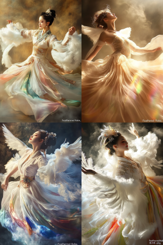 霓裳羽衣设计，白色绒毛点缀，云霞霓虹裙摆，真人模特试穿，优雅舞蹈姿势，轻纱绸带飘动，仙鹤舞灵感，华丽高贵，仙气缭绕，暖光晕染，柔和阴影，丝绸质感，长焦镜头，浅景深，动态模糊，飘逸灵动，古典中国风，金色装饰，淡雅妆容，微笑表情，背景云雾缭绕。